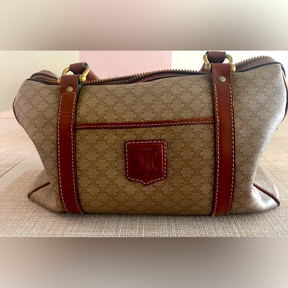 Pre Loved Celine Macadam Chestnut Brown & Tan Coated Canvas Boston Bag